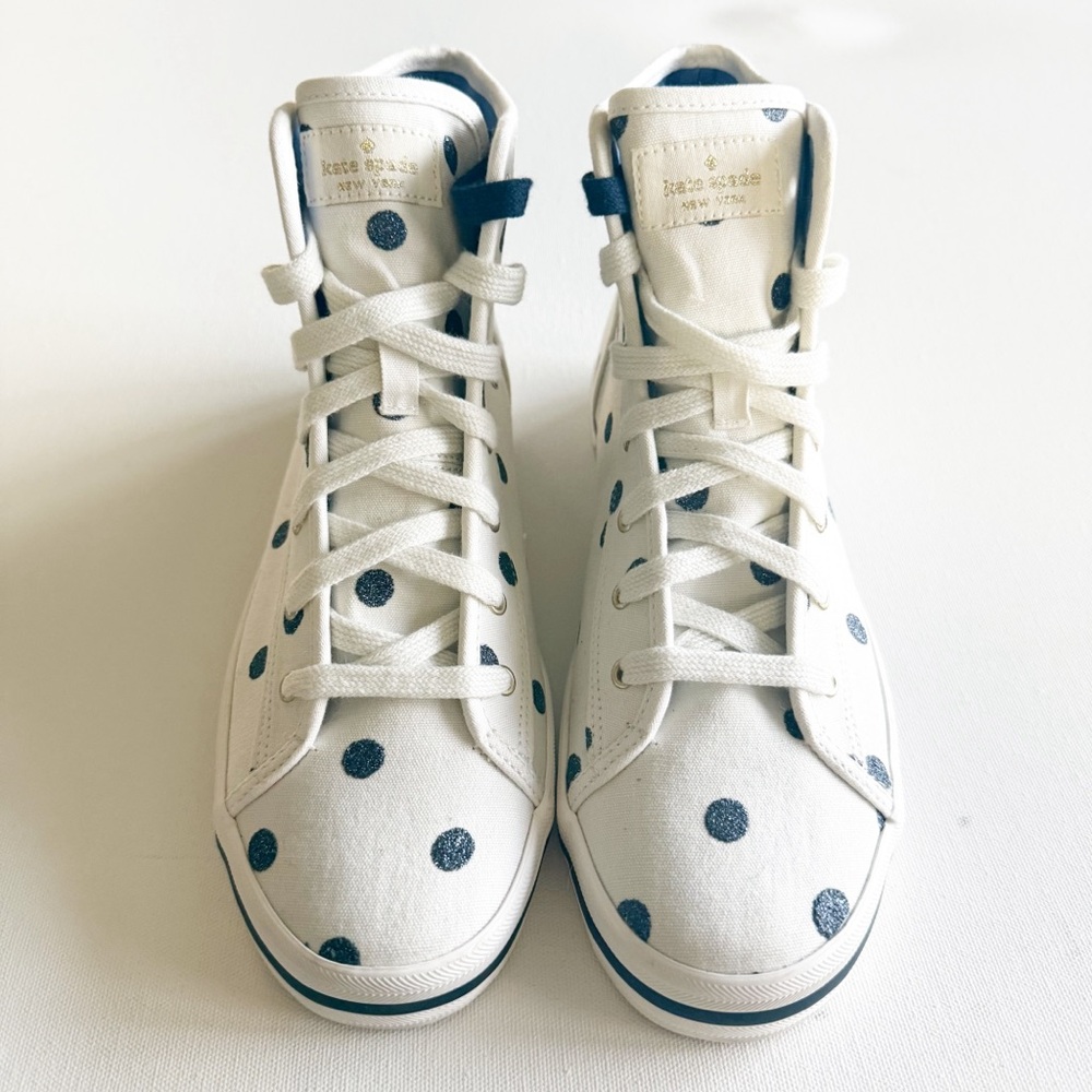 RARE kate spade x keds Women’s White High-Tops with Navy Glitter Polka Dots, 9